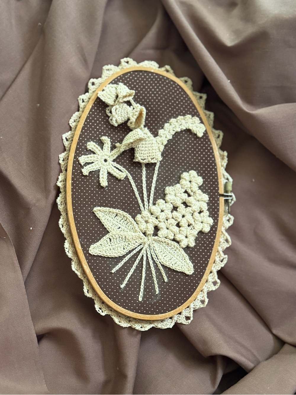 Vintage Handmade Cream Crochet Floral Hoop Wall Art on Brown Backing